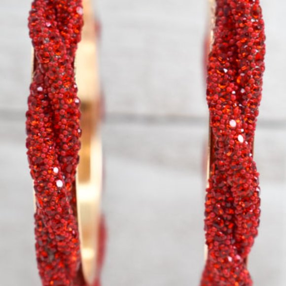 3" Boho Braid Twist Red Rhinestone Hoop Earrings - Picture 11 of 13